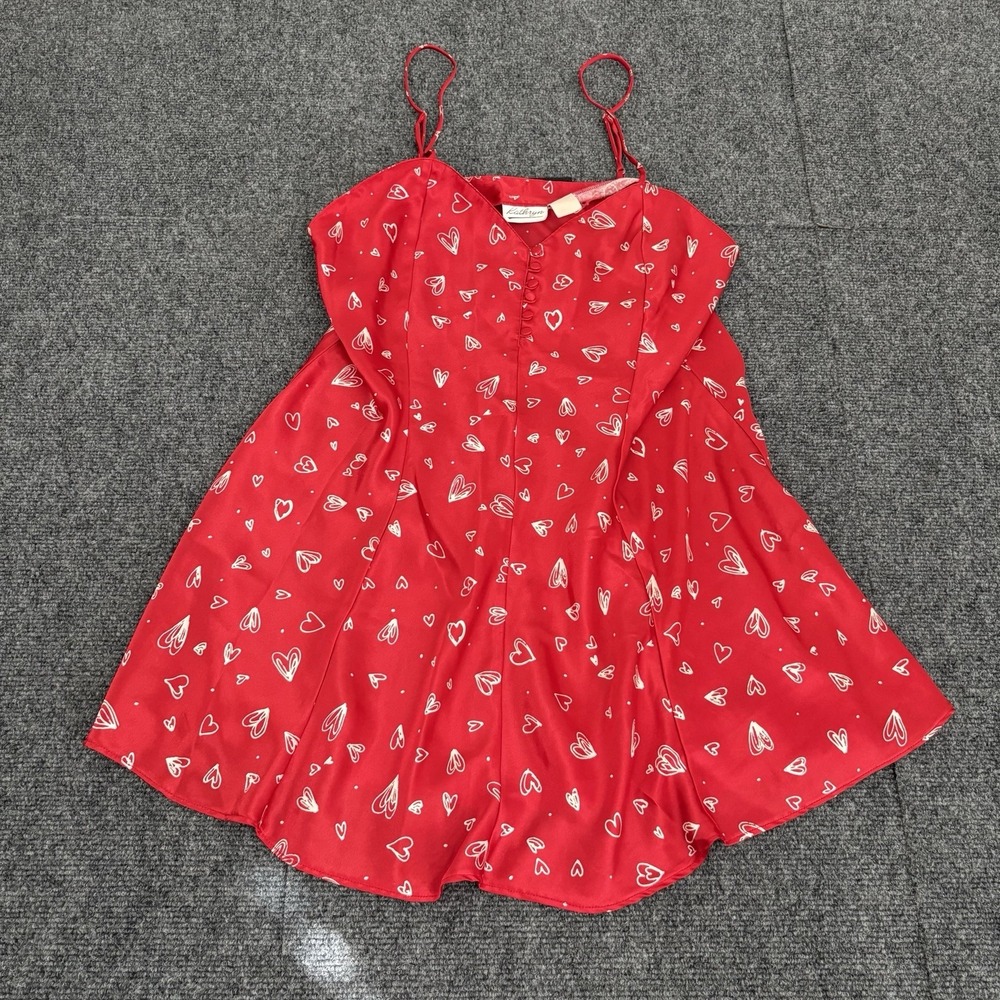 Vintage Kathryn Y2K Satin Hearts Button‎ Babydoll Tank Top Red Small 90s